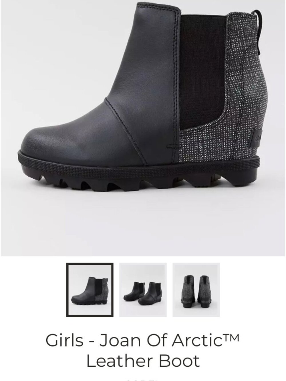 Sorel Girls Joan of Arctic Leather Chelsea Boot in Black and Gray Tweed Girls 3